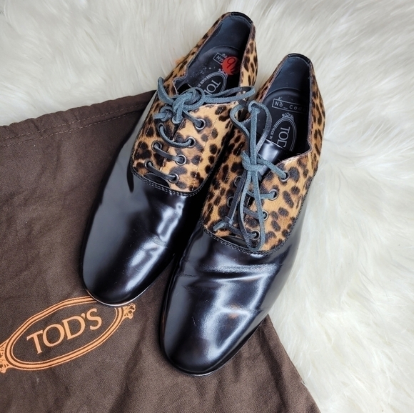 Tod's Leather Calf Hair Leopard Oxford Shoes - Picture 7 of 15
